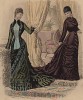 Два платья на стойке, прямого кроя, с длинным шлейфом, украшенные дополнительными складками и воланами. Красочная иллюстрация из популярнейшего во второй половине XIX века во Франции журнала La mode de Paris