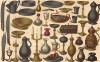 Первые круглые тарелки XV века, пришедшие на смену квадратным, пиалы, кувшины, подсвечники и прочие аксессуары для средневекового пира во Франции (из Les arts somptuaires... Париж. 1858 год)