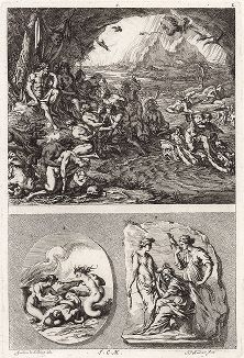 Подземное царство Плутона,  а также рельефы с Гарпией, Ламией и мойрами. "Iconologia Deorum,  oder Abbildung der Götter ...", Нюренберг, 1680. 
