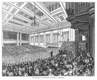 Эксетер-Холл -- здание на Стрэнде, одной из главных улиц Лондона, служащее для проведения религиозных, благотворительных и политических собраний (The Illustrated London News №107 от 18/05/1844 г.)