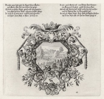 Давид принимает вызов Голиафа (из Biblisches Engel- und Kunstwerk -- шедевра германского барокко. Гравировал неподражаемый Иоганн Ульрих Краусс в Аугсбурге в 1700 году)