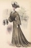 Модница с муфтой, отороченной меховыми хвостиками, и платье с напуском из кружевной бахромы и страусиным пером, венчающим шляпу (Les grandes modes de Paris за 1903 год. Декабрь)