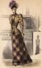 Приталенное платье в клетку с оригинальным жакетом и шляпка с лентами в тон платью. Из французского модного журнала Le Coquet, выпуск 290, 1892 год