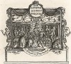 Входной билет на постановку пьесы Генри Филдинга «Пасквино» (1736) в королевском театре «Хей-Маркет» (Hay-Market). Изображены семь действующих лиц, а также собака, кошка и два черта; на заднике - канатоходцы в компании бесенка. Лондон, 1838