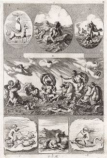 Морские божества, гиппокампы и тритоны.  "Iconologia Deorum,  oder Abbildung der Götter ...", Нюренберг, 1680. 