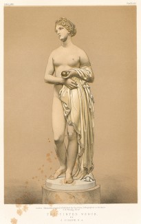 Статуя Венеры с причёской, покрытой позолотой, с яблоком «прекраснейшей» в руках. Скульптура Джона Гибсона (1790-1866) - ученика Антонио Кановы. Каталог Всемирной выставки в Лондоне 1862 года, т.2, л.101. 
