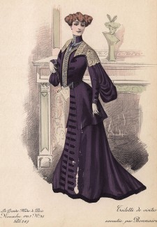 Фиолетовое платье, украшенное шитьём, кружевами и воротником на стойке. Les grandes modes de Paris, ноябрь 1903 г.