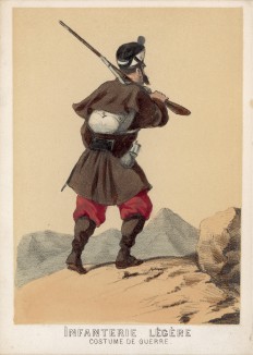 1860-е гг. Солдат испанской лёгкой пехоты в полевой форме (из альбома литографий L'Espagne militaire, изданного в Париже в 1860 году)