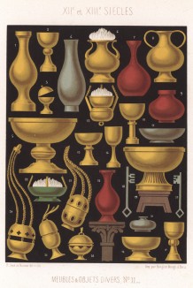 Предметы повседневного быта из золота в средневековой Франции (из Les arts somptuaires... Париж. 1858 год)