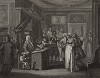 Клятва о внебрачном отцовстве, 1731. Пародия на правосудие. Маленькая девочка рядом с судьей играет с собачкой в «палача и жертву». Пожилой господин, которому вменяется внебрачное отцовство, поднимает руки, отказываясь от обвинений. Геттинген, 1854