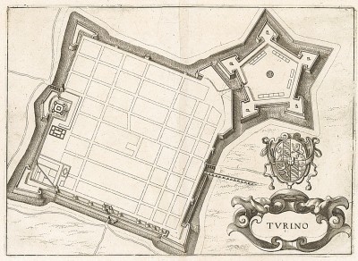 План цитадели города Турин. Turino. Из Theatrum Europeaum. Франкфурт-на-Майне, 1667