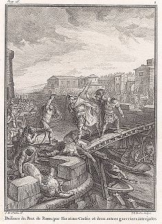Гораций Коклес и два воина обороняют римский мост. Лист из "Краткой истории Рима" (Abrege De L'Histoire Romaine), Париж, 1760-1765 годы