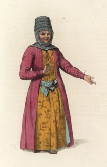 Традиционный костюм киргизской женщины (лист 34 иллюстраций к известной работе Эдварда Хардинга "Костюм Российской империи", изданной в Лондоне в 1803 году)