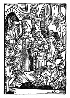 Положение Святого Вольфганга во гроб. Из "Жития Святого Вольфганга" (Das Leben S. Wolfgangs) неизвестного немецкого мастера. Издал Johann Weyssenburger, Ландсхут, 1515