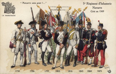 1758-1875 гг. Мундиры и знамена 5-го пехотного полка французской армии, сформированного в 1569 г. и сражавшегося при Флерюсе, Кастильоне, Ваграме и Анверсе. Коллекция Роберта фон Арнольди. Германия, 1911-29