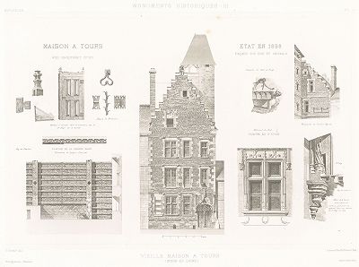 Старые дома в Туре (XV век), лист 1. Archives de la Commission des monuments historiques, т.3, Париж, 1898-1903. 