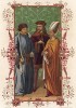 Средневековый французский кутюрье демонстрирует знатной клиентке модный костюм, а её супруг оценивает (из Les arts somptuaires... Париж. 1858 год)