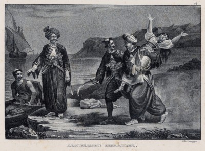 Алжирские пираты похищают девушку (лист 59 второго тома работы профессора Шинца Naturgeschichte und Abbildungen der Menschen und Säugethiere..., вышедшей в Цюрихе в 1840 году)