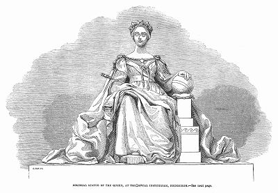 Грандиозная статуя королевы Виктории, украшающая колоннаду здания Королевской шотландской академии в Эдинбурге -- независимой организации художников, скульпторов и архитекторов (The Illustrated London News №94 от 17/02/1844 г.)