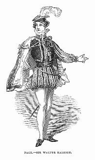 Воспитанник Итонского колледжа, переодетый в костюм, изображает английского придворного времён королевы Елизаветы I Сэра Уолтера Рэли во время фестиваля 1844 года, повторяющегося каждые три года (The Illustrated London News №109 от 01/05/1844 г.)