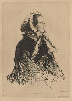 Женщина в шляпке.  Офорт Жюля де Гонкура по оригиналу Поля Гаварни. Издание журнала “L’Art”, 1861 год. 