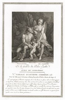 Венера с Меркурием и Купидоном (Школа любви) авторства Антонио да Корреджо. Лист из знаменитого издания Galérie du Palais Royal..., Париж, 1786