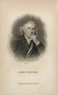 Джон Хантер (1728--1793) -- шотландский медик, анатом и военный хирург (первым препарировал слона, умершего в зоопарке Эдинбурга) (фронтиспис тома X "Библиотеки натуралиста" Вильяма Жардина, изданного в Эдинбурге в 1843 году)