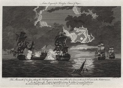 Семилетняя война. 28 февраля 1758 г. Захват 84-пушечного французского линейного корабля Foudroyant 64-пушечным английским кораблём Monmouth в Средиземном море близ Картахены. Лондон, 1786