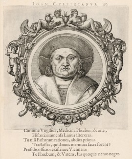 Иоганн Куспиниан (1473--1529 гг.) -- профессор медицины и ректор Венского университета (лист 50 иллюстраций к известной работе Medicorum philosophorumque icones ex bibliotheca Johannis Sambuci, изданной в Антверпене в 1603 году)