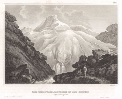 Ледник в швейцарских Альпах, где берет свое начало Рейн. Meyer's Universum..., Хильдбургхаузен, 1844 год.