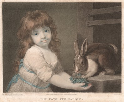 Любимый кролик. Гравюра в технике цветного пунктира, исполненная Чарльзом Найтом, одним из основателей Общества гравёров. Лондон, 1803