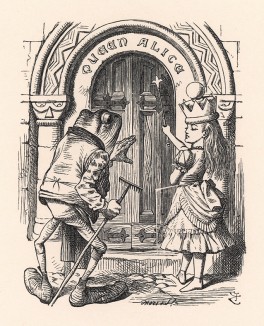 "Где привратник? - гневно начала она. - Почему никто не подходит к двери?" (иллюстрация Джона Тенниела к книге Льюиса Кэрролла «Алиса в Зазеркалье», выпущенной в Лондоне в 1870 году)