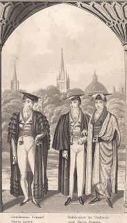 Джентльмен и аристократы в академических мантиях и квадратных шапочках с кисточками-лирипипами. 