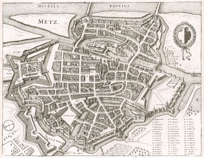 Город Мец с высоты птичьего полета. План составил Маттеус Мериан. Франкфурт-на-Майне, 1695