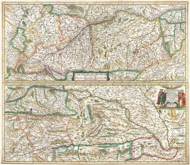 Карта южной Баварии и Венгрии. Maxime totius Europe fluminis Danubius cursus per Germaniam Hungariam Que. Составил Ян Янсониус. Амстердам, 1652