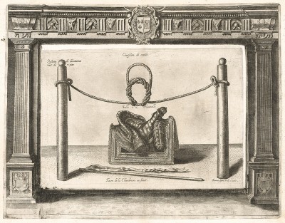 Седло де Плювинеля, столбы для выездки и манежный бич. Иллюстрация из труда де Плювинеля "Наставление королю в искусстве верховой езды". Париж, 1629 
