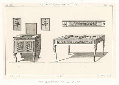 Комод и игральный столик по эскизам Ришара Делалонда, XVIII век. Meubles religieux et civils..., Париж, 1864-74 гг. 