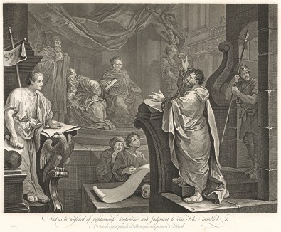 Павел перед Феликсом, 1752, гравюра III. Гравюра Салливана с живописного полотна Хогарта. Однако по сравнению с картиной в композицию внесены изменения: нет жены Феликса, и другие персонажи отличаются. Лондон, 1838
