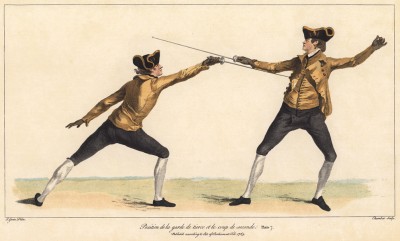 Стойка в третьей позиции и удар из второй позиции (лист 7 знаменитого учебника по фехтованию Доменико Анджело, изданного в 1763 году в Лондоне). Репринт 1968 года.