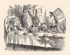 Болванщик широко открыл глаза, но не нашелся, что ответить. "Чем ворон похож на конторку? {c} - спросил он, наконец". (иллюстрация Джона Тенниела к книге Льюиса Кэрролла «Алиса в Стране Чудес», выпущенной в Лондоне в 1870 году)