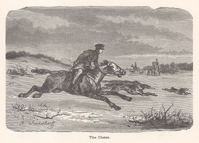 Охота на зайцев в Курляндии. Ксилография из издания "Voyages and Travels", Бостон, 1887 год