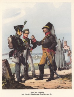 Карабинер делает внушение прусским пехотинцам в 1835 году (из популярной в нацистской Германии работы Мартина Лезиуса Das Ehrenkleid des Soldaten... Берлин. 1936 год)