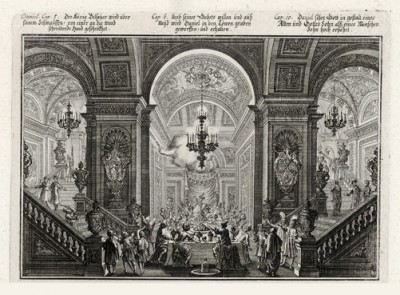 Пир Валтасара (из Biblisches Engel- und Kunstwerk -- шедевра германского барокко. Гравировал неподражаемый Иоганн Ульрих Краусс в Аугсбурге в 1700 году)