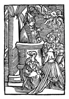 Святой Вольфганг проповедует соблазненным дьяволом. Из "Жития Святого Вольфганга" (Das Leben S. Wolfgangs) неизвестного немецкого мастера. Издал Johann Weyssenburger, Ландсхут, 1515