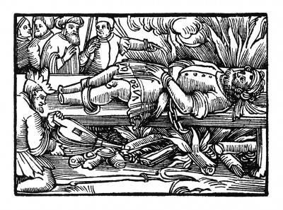 Святого Христофора пытают на железной скамье. Из "Жития Святого Христофора" (S. Christops Geburt und Leben) неизвестного немецкого мастера. Издал Johann Weyssenburger, Ландсхут, 1520. 