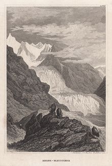 Ронский ледник в Швейцарии -- источник реки Рона. Meyer's Universum, Oder, Abbildung Und Beschreibung Des Sehenswerthesten Und Merkwurdigsten Der Natur Und Kunst Auf Der Ganzen Erde, Хильдбургхаузен, 1835 год.