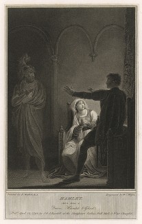 Иллюстрация к трагедии Шекспира "Гамлет", акт III, сцена IV: Гамлет видит призрака в комнате королевы. Graphic Illustrations of the Dramatic works of Shakspeare, Лондон, 1803.