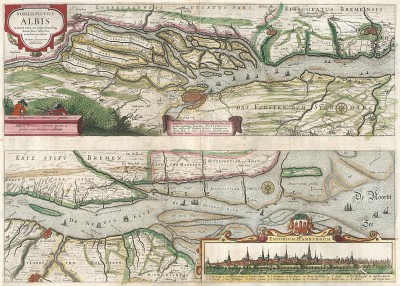 Карта окрестностей Гамбурга и нижнего течения Рейна. Nobilis fluvius Albis maxima cura ex variis famosisq. Составил Ян Янсониус. Амстердам, 1704