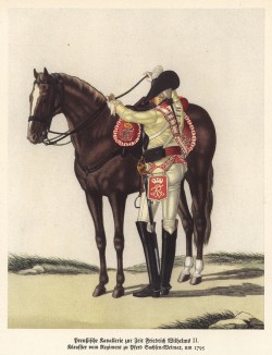 1795 год. Прусский кирасир, седлающий коня (из популярной в нацистской Германии работы Мартина Лезиуса Das Ehrenkleid des Soldaten... Берлин. 1936 год)