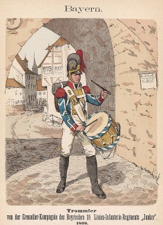 Барабанщик 10-го гренадерского полка баварской армии в униформе образца 1809 г. Uniformenkunde Рихарда Кнотеля, л.4. Ратенау (Германия), 1890